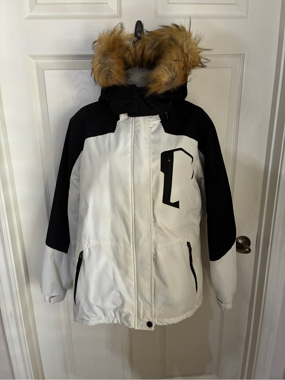 Two-Tone White and Black Winter Jacket with Faux Fur Hood